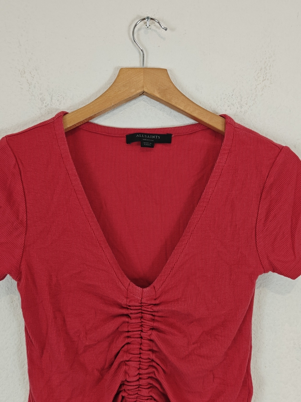 AllSaints Rinna Ruched V-Neck Crop Tee Red Drawstring Top M - Picture 7 of 11